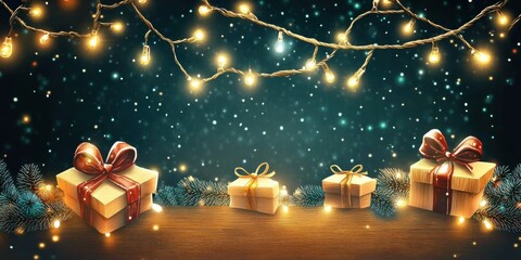 art Christmas banner- Xmas sparkling lights garland with gifts box and wooden tinsel. Christmas greetings cards- headers- website.