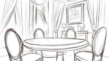 Interior sketch of a formal dining room.