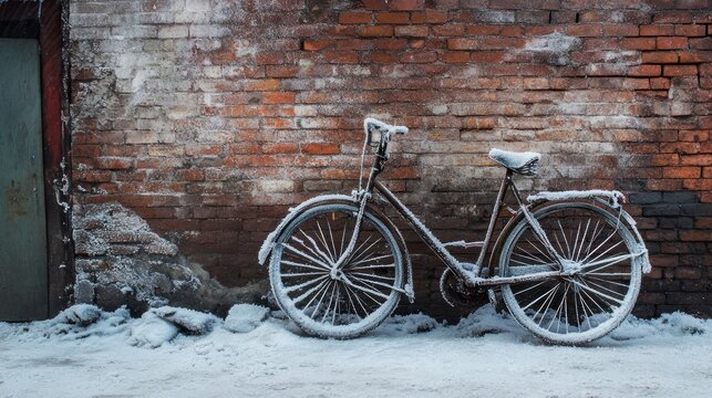 Bicycle covered in snow leans against a brick wall outdoors winter scene.