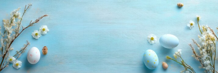 Art Happy Easter background; Easter eggs and spring flowers on blue table