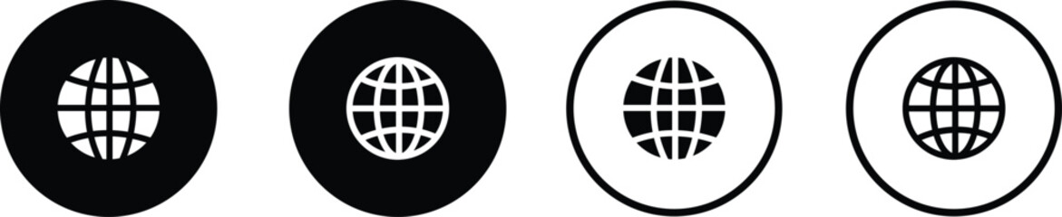 World glob icon set. Globes with world maps symbol. Black internet globe network stroke lines icons isolated on transparent background . Website erath vector.