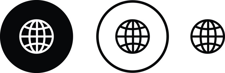 World glob icon set. Globes with world maps symbol. Black internet globe network stroke lines icons isolated on transparent background . Website erath vector.