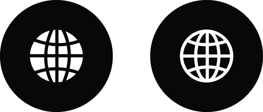 World glob icon set. Globes with world maps symbol. Black internet globe network stroke lines icons isolated on transparent background . Website erath vector.