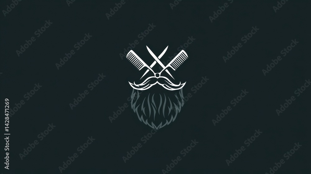 Poster stylized beard logo featuring crossed scissors and comb on a flat dark background for barber shop br