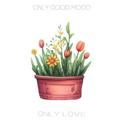 A watercolor vector flower pot filled with delicate blooms. Soft pastel tones, perfect for home decor designs, greeting cards, and spring-themed illustrations.