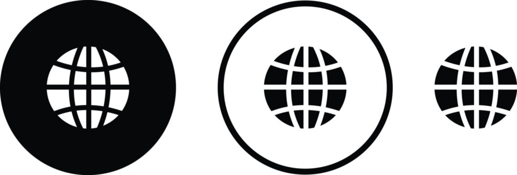 World glob icon set. Globes with world maps symbol. Black internet globe network stroke lines icons isolated on transparent background . Website erath vector.