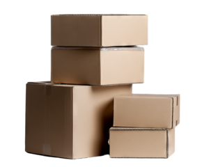 Multiple cardboard boxes of varying sizes are stacked in a neat arrangement. They appear to be prepared for shipping or storage in a warehouse or delivery environment