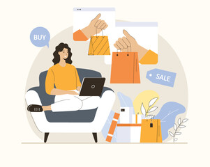 Shopping online. Woman making purchases, ordering delivery and paying with credit cards. Flat vector illustration.