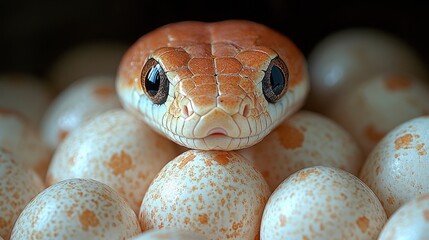 A striking snake rests among a cluster of speckled eggs, showcasing its protective instinct in a serene natural setting