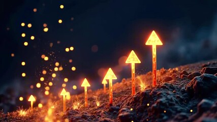 Glowing arrows ascend on a textured surface, illustrating a sense of upward movement and energy, with camera following the dynamic progression and vibrant sparks