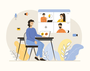 Video conference, Online meeting, Remote teamwork, Conversation. People communicate online. Flat vector illustration.