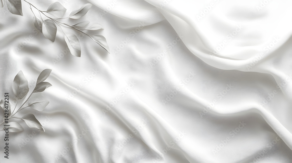 Poster elegant white fabric and leaves on horizontal background soft textures minimalist style calm atmosph