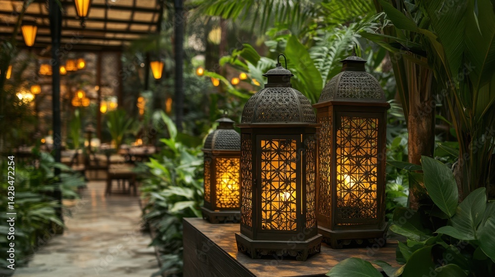 Poster intricate lantern designs displayed on a platform under soft ambient lighting
