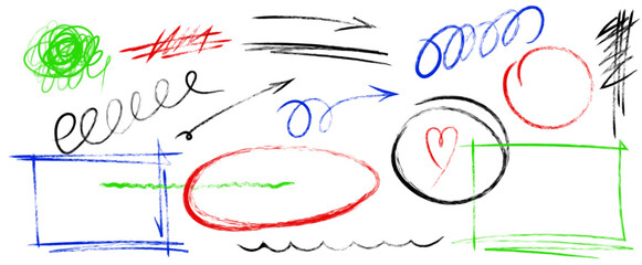 Colored highlights, grunge lines, crayon scribbles, hand drawn arrows, scrawls, rough brush charcoal pen strokes, text underline strokes and emphasis marks. Set of Sketches of ellipse, rectangle
