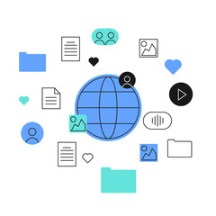 Vector concept of global communication and data sharing. Includes internet globe, documents, media icons, users, and folders. Represents cloud storage, digital interaction, and online content exchange