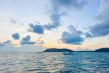 Summer travel, sea in Asia, the holiday season, which gives natural relaxing feeling. Beautiful natural environment and rest. Travel Thailand, the island in the middle of sea sky clouds Samui Thailand