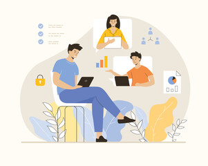 Video conference and call. Online meeting and telecommunication, remote workers and employees. Flat vector illustration.