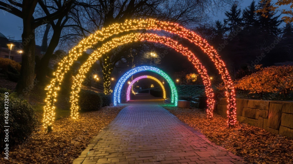 Poster light canopy tunnel made of thousands of tiny bulbs forming a rainbow gradient path