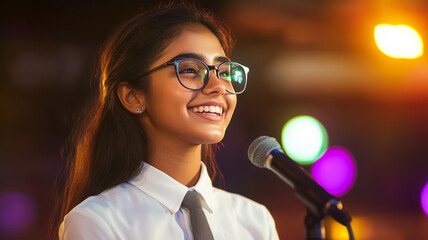 Smiling Indian girl giving speech at a convention, wearing eyeglasses, tie, and white shirt