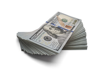 A curved stack of U.S. hundred-dollar bills rests on a white background, representing financial...