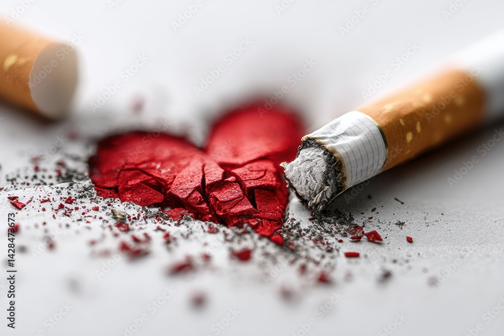 Poster cigarette stub embedded in a red heart symbolizing the destruction of health and love due to smoking