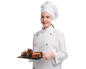 Happy confectioner in uniform holding delicious chocolate desserts on white background