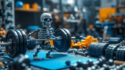 A skeleton engages in weightlifting at a lively gym setting