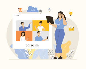 Woman with laptop have videoconference with colleagues, clients or friends. Online meeting, web conferencing, virtual call.  Flat vector illustration.