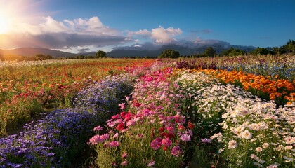 Fototapeta premium colorful flower field with diverse blooms and vibrant colors on a serene background