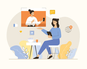 Online meeting, virtual conference. Woman communicates with her friends through a video call on the phone. Flat vector illustration.