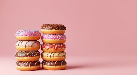 A stack of colorful donuts on a pink background.