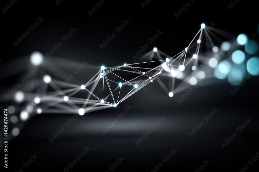 Poster a network of interconnected nodes and lines on a dark background, suggesting technology, data, or di