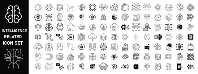 Intelligence related line icon set. Machine learning collection. Mind, ai, brain, network, smart icons. Editable stroke