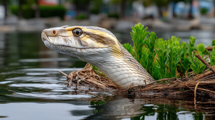 Fototapeta premium Anaconda emerging from water among fresh green plants