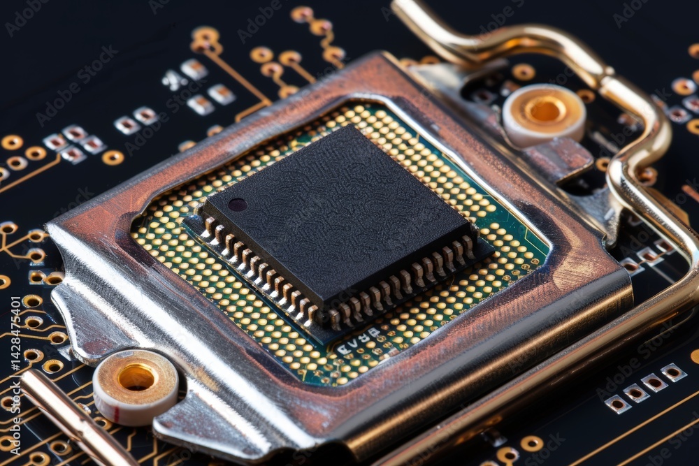 Poster a close-up of a microchip on a circuit board, showcasing intricate electrical connections and compon