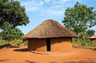 Traditional African mud hut with thatched roof.
