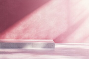 Pink room with marble platform. Sunlight casts shadows