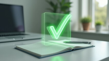チェックマークが浮かぶデスクとノート