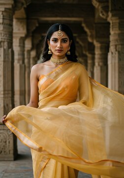 Indian woman in yellow saree portrait traditional clothing fashion shoot pose