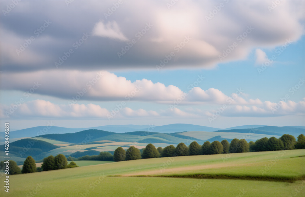 Poster rolling green hills and fields under a dynamic sky filled with fluffy white clouds hint at a serene 