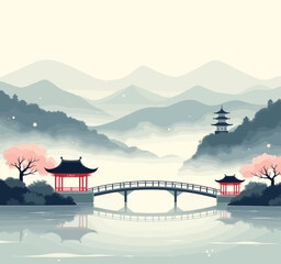 Obraz premium Asian Landscape with Bridge, Pagoda, and Cherry Blossoms