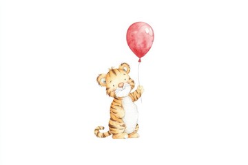 Cute Tiger with Balloon Watercolor Illustration on White Background, Year of the Tiger, Animal Art