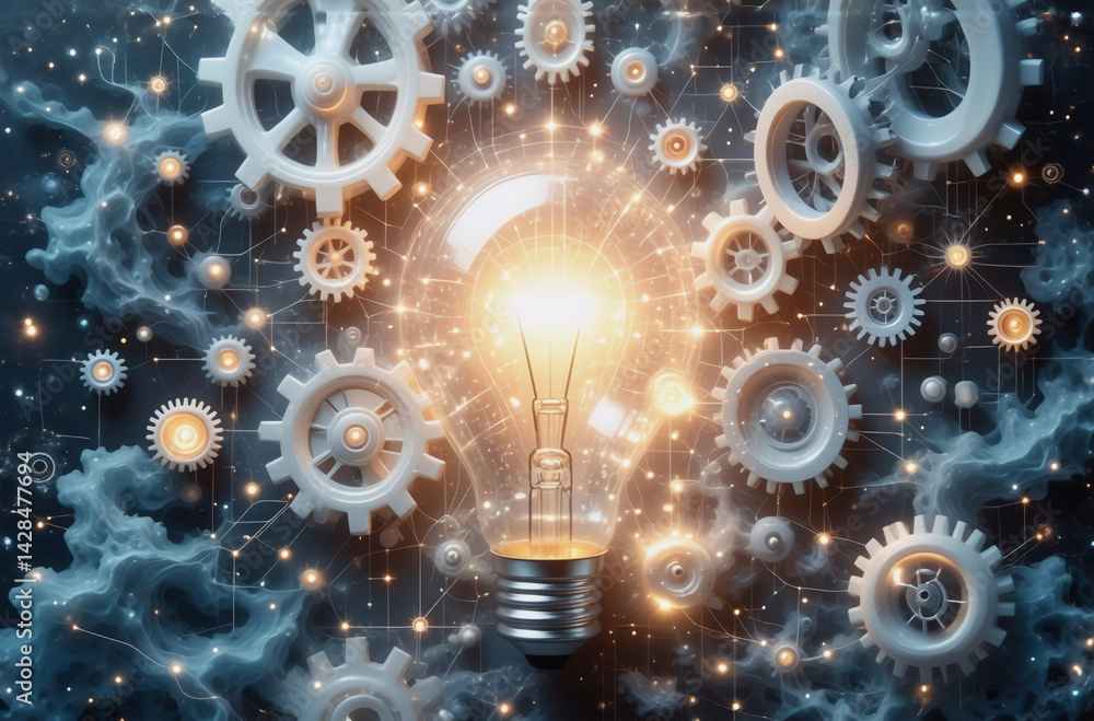 Poster illuminated lightbulb with gears and bright particles on a dark, circuit-like backdrop, symbolizing 