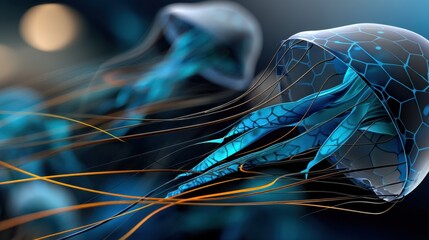 Abstract Digital Illustration of a Biomechanical Neural Network with Blue and Gold Elements