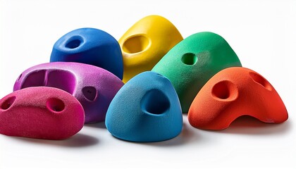various colorful climbing holds isolated on transparent white background