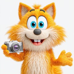 Cheerful Orange Furry Cartoon Fox Holding a Camera