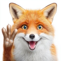 Fototapeta premium Cheerful Red Fox Waving Paw Close Up White Background
