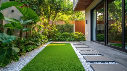 Fototapeta premium Lush garden path with modern design