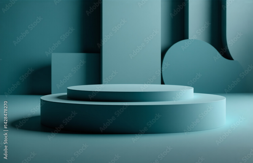 Poster **description:** an abstract, monochromatic composition showcasing a tiered platform with minimalist