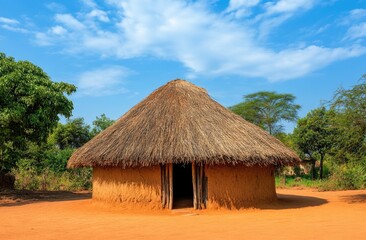 Traditional African hut made of mud and thatch under a blue sky.